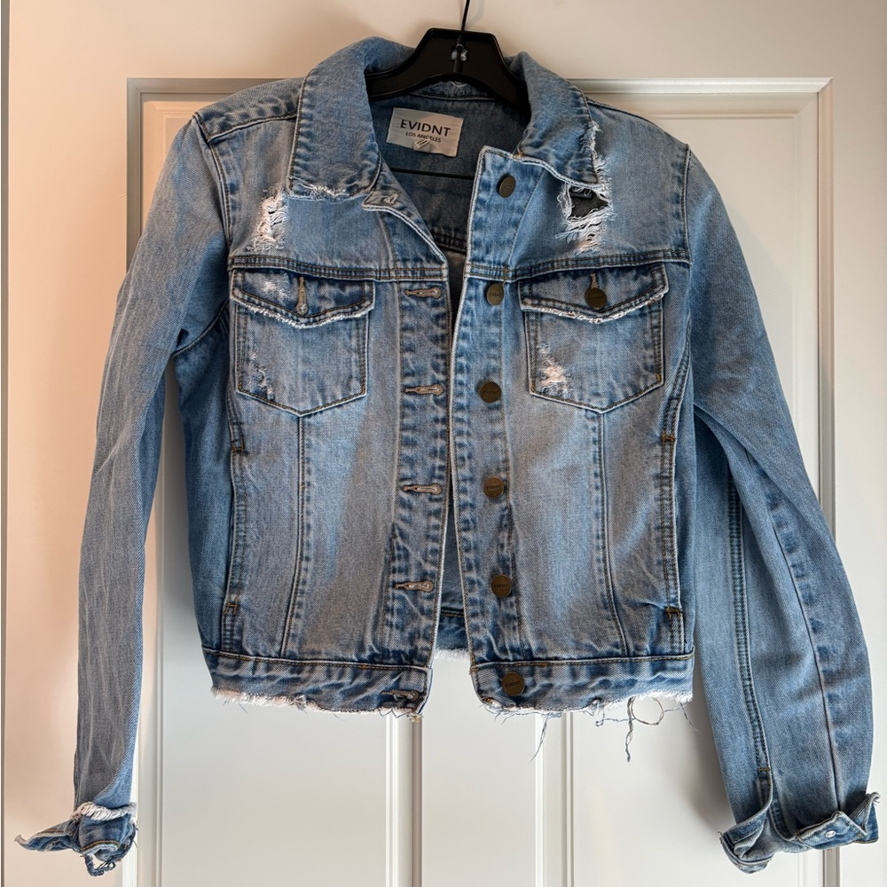 Evidnt Women's Blue Distressed Jean Jacket, size M